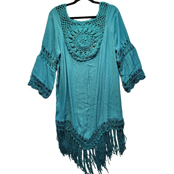 Women's Aolro Teal/Turquoise 3 In 1 Crochet Cover Up Size M Dress w/Fringe. NWT! - Picture 3 of 11